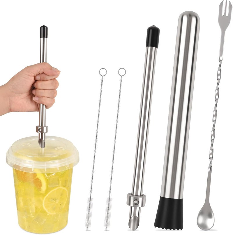 Ecnimb 5 Pack Straw Puncher, lemonade stand supplies kit with straw puncher for plastic lids, muddler for lemonade and cocktails, reusable lemonade cups - Image 1